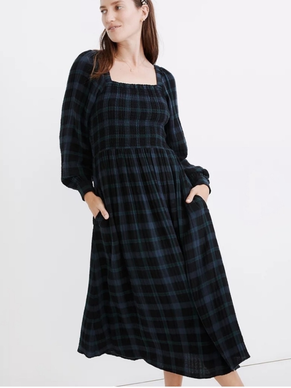 Madewell Lightspun Lucie Long-Sleeve Smocked Midi Dress in Livonia Plaid S